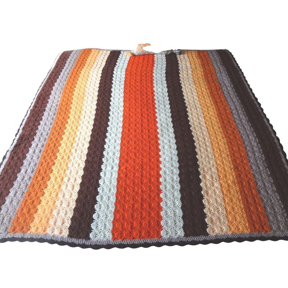 Handmade Crochet Blanket Afgan Pillow Set Large Orange Brown Retro Excellent